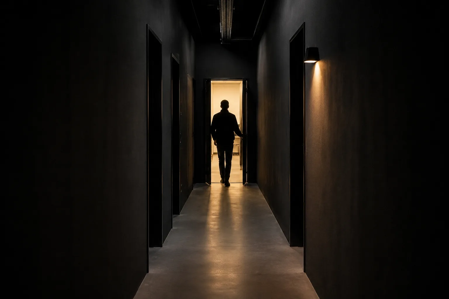 Ein dunkler Korridor, der zu einer offenen Tür führt; eine Silhouette tritt im Gegenlicht ins Helle.