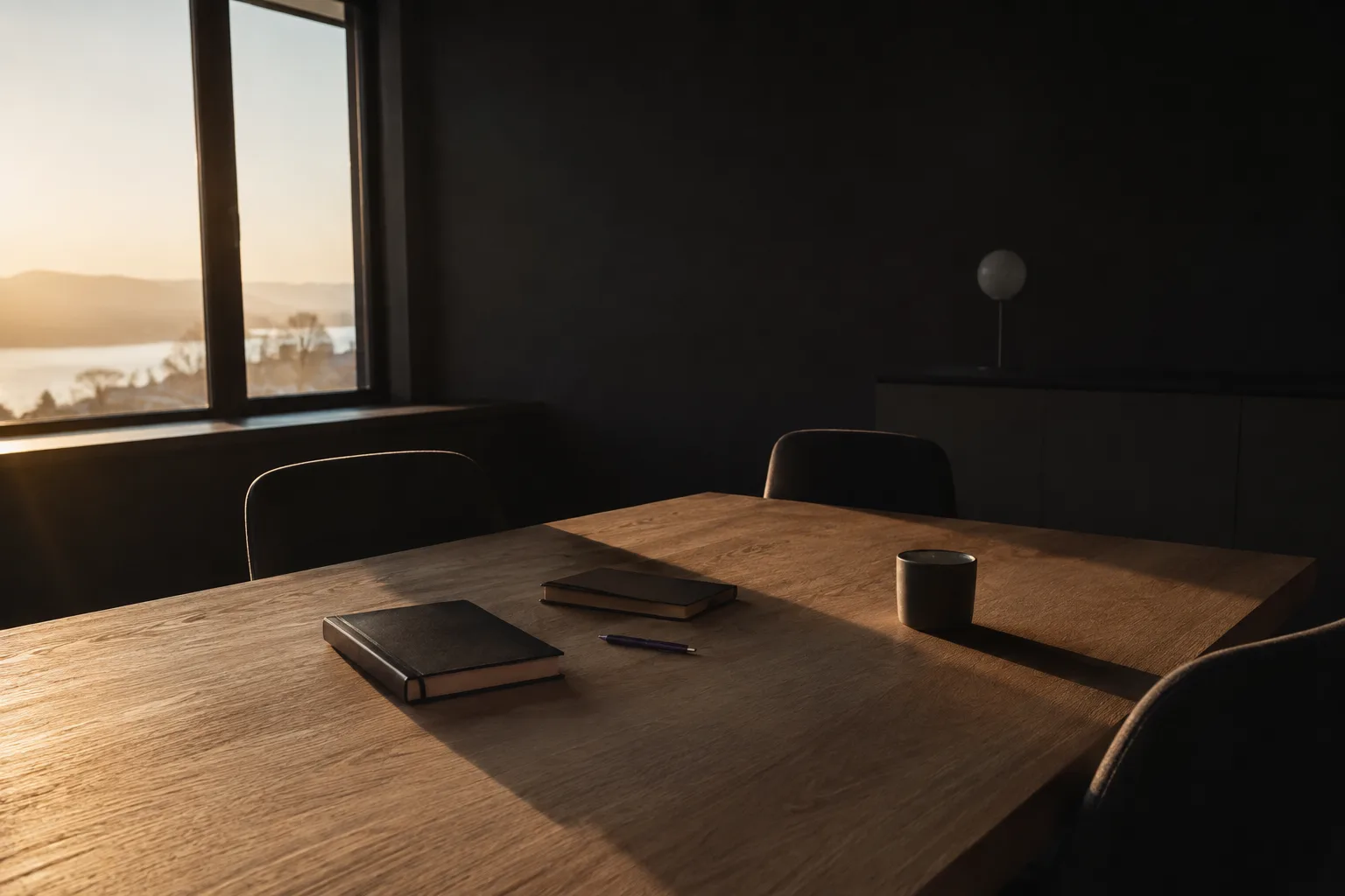 Ein leerer Besprechungsraum bei Sonnenuntergang: ein Eichentisch, zwei geschlossene Notizbücher, ein Stift und eine Tasse; durch das Fenster ein See und flache Hügel.